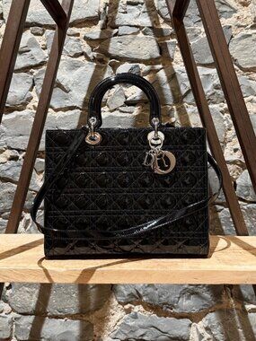 Dior Black Patent Cannage Large Lady Dior Bag